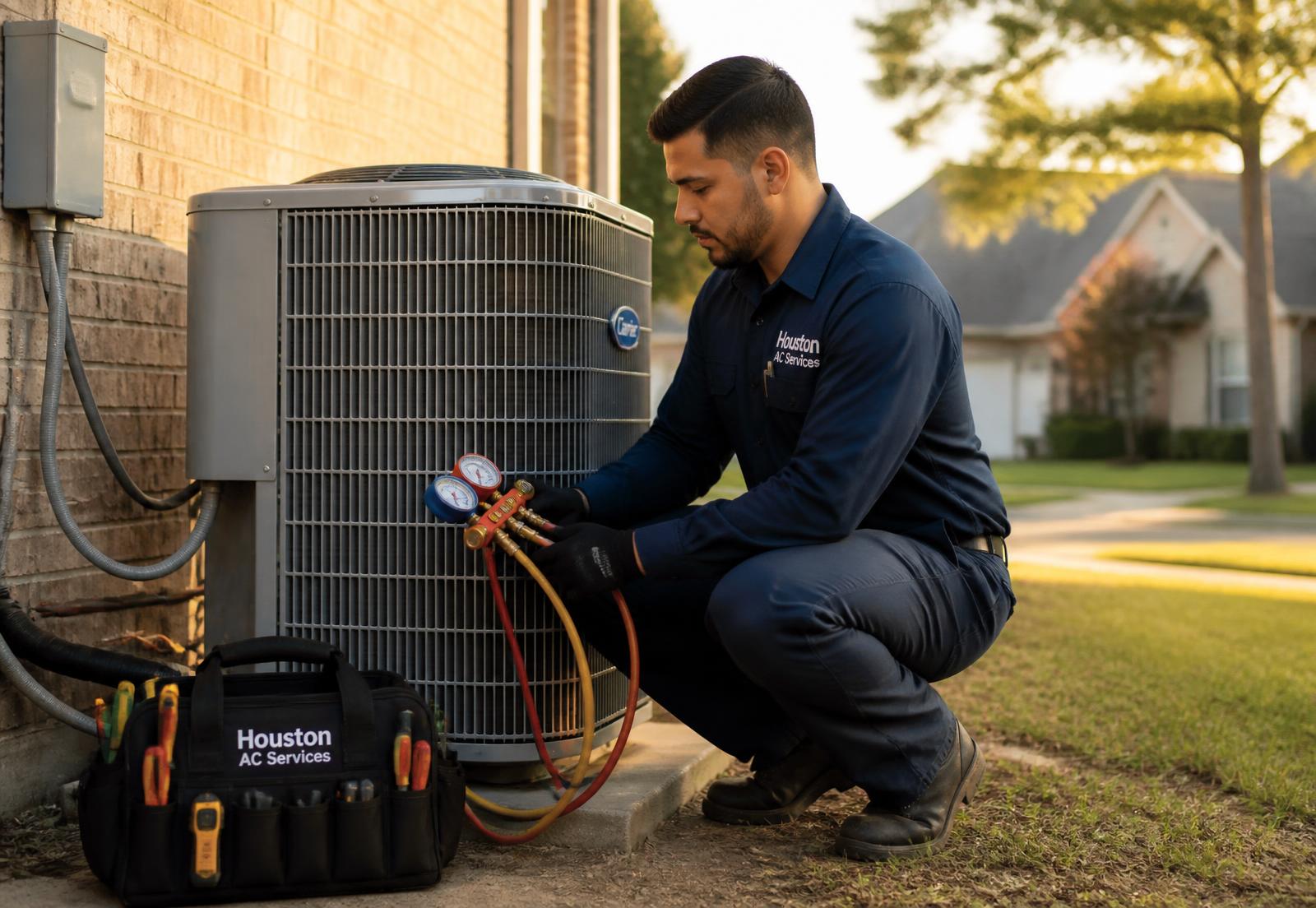 HVAC technician servicing an outdoor air conditioning condenser at a Houston home